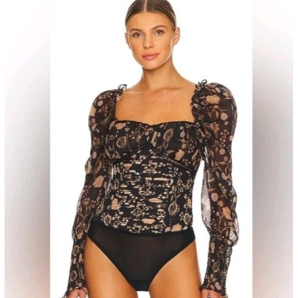Free People Intimately Brunch Date Bodysuit Black & Gold Floral Print Sheer L - Picture 1 of 8